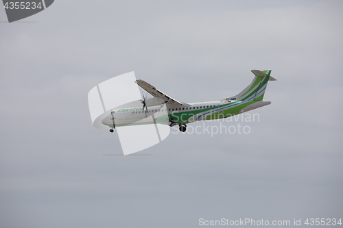 Image of ARECIFE, SPAIN - APRIL, 15 2017: ATR 72 of Binter landing at Lan