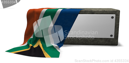 Image of stone socket with blank sign and flag of south africa - 3d rendering