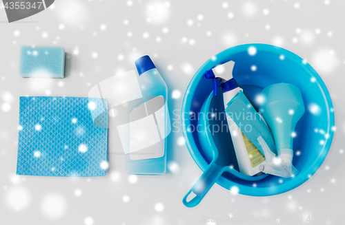 Image of basin with cleaning stuff on white background