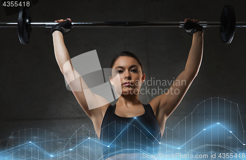 Image of young woman flexing muscles with barbell in gym