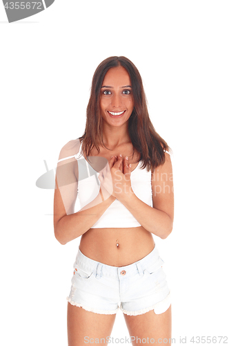 Image of Happy smiling woman with her hands folded