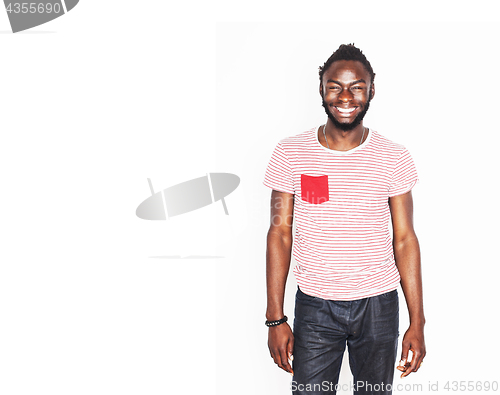 Image of young handsome afro american boy stylish hipster gesturing emotional isolated on white background smiling, lifestyle people concept