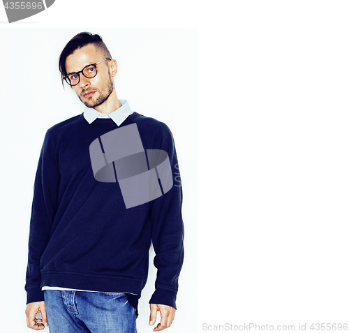 Image of young handsome teenage hipster guy posing emotional, happy smiling against white background isolated, lifestyle people concept closeup