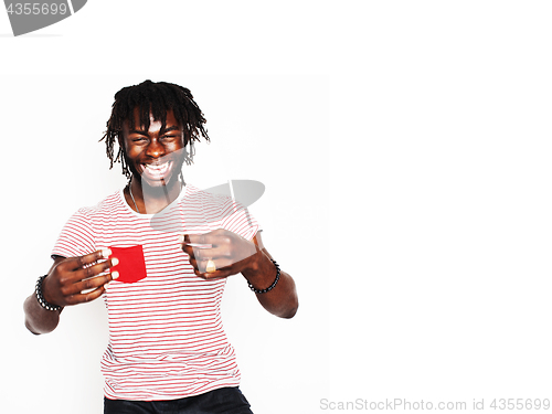 Image of young handsome afro american boy stylish hipster gesturing emotional isolated on white background smiling, lifestyle people concept