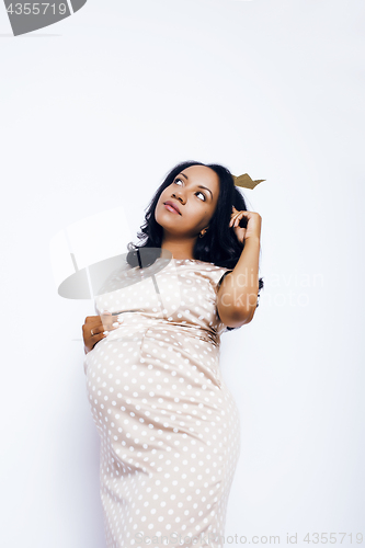 Image of young pretty african american woman pregnant happy smiling, posing on white background isolated , lifestyle people concept