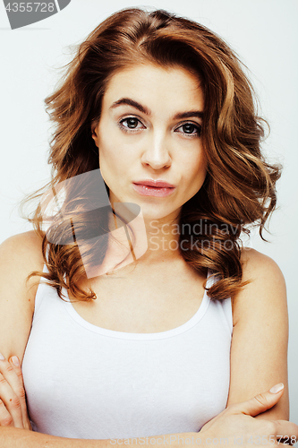 Image of young pretty brunette woman emotional posing, happy smiling isolated on white background, lifestyle people concept 