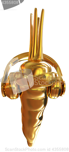 Image of Gold carrot with sun glass and headphones front \"face\" on a whit