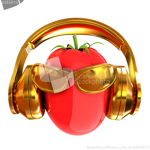 Image of tomato with sun glass and headphones front \"face\" on a white bac