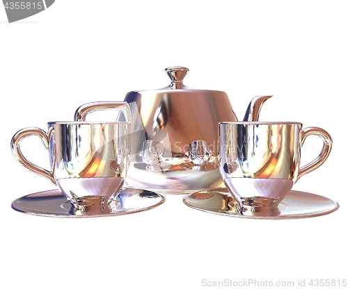Image of Chrome Teapot and mugs. 3d illustration