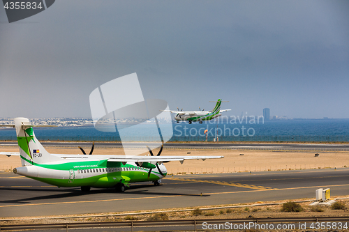 Image of ARECIFE, SPAIN - APRIL, 16 2017: ATR 72 of Binter with the regis