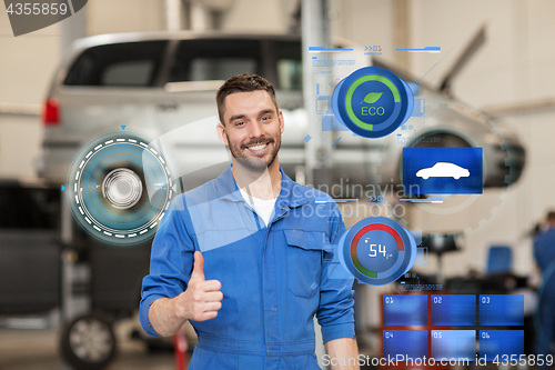 Image of happy auto mechanic man or smith at car workshop