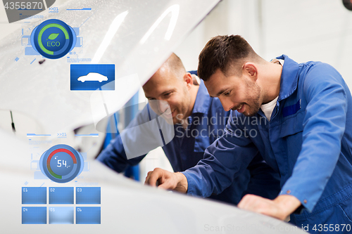 Image of mechanic men with wrench repairing car at workshop