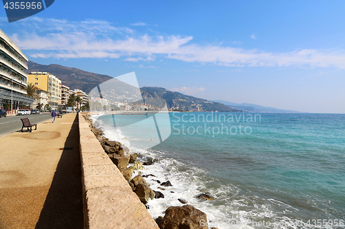 Image of Beautiful sea view and Menton embankment, France