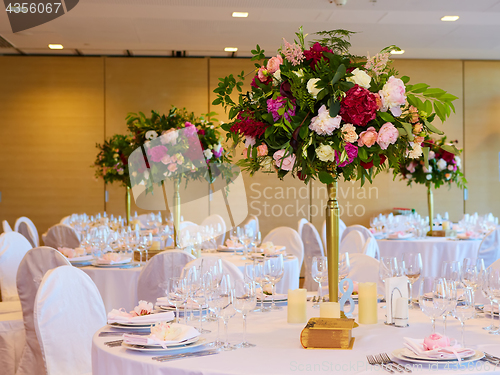 Image of Table set for wedding or another catered event dinner.