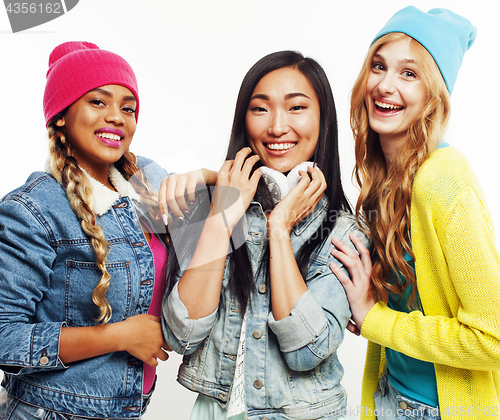 Image of diverse nation girls group, teenage friends company cheerful having fun, happy smiling, cute posing isolated on white background, lifestyle people concept 