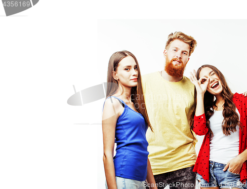 Image of company of hipster guys, bearded red hair boy and girls students