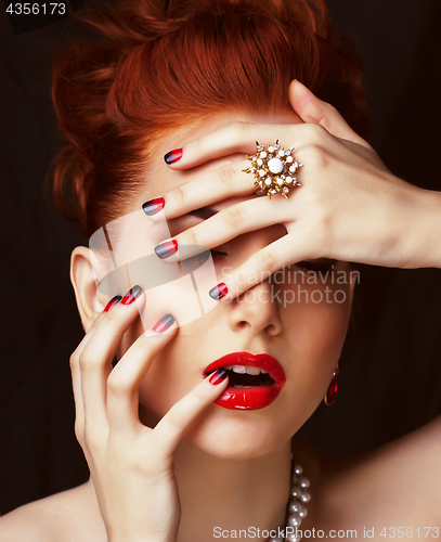 Image of beauty stylish redhead woman with hairstyle wearing jewelry
