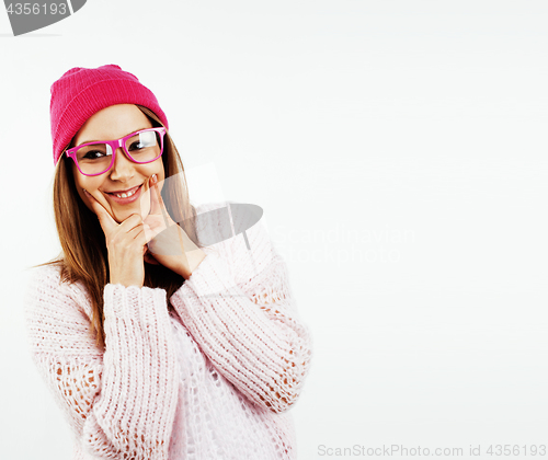 Image of young pretty teenage hipster girl posing emotional happy smiling on white background, lifestyle people concept 