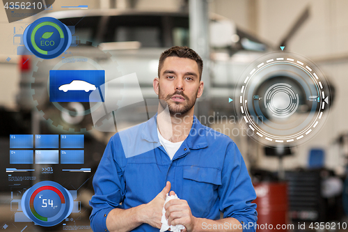 Image of auto mechanic man or smith at car workshop