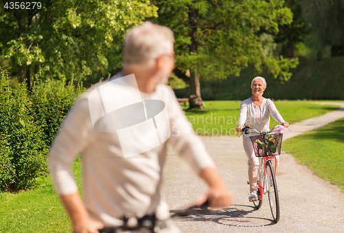 Image of happy senior couple riding bicycles at summer park