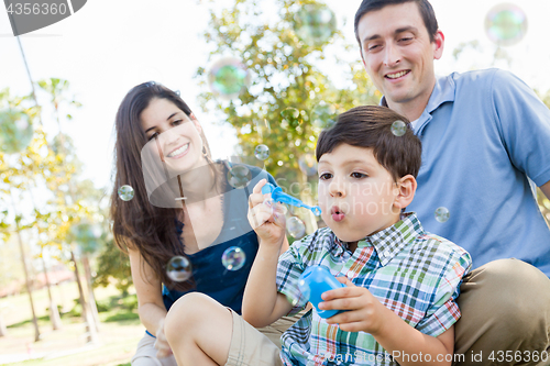 Image of Young Boy Blowing Bubbles with His Parents in the Park.