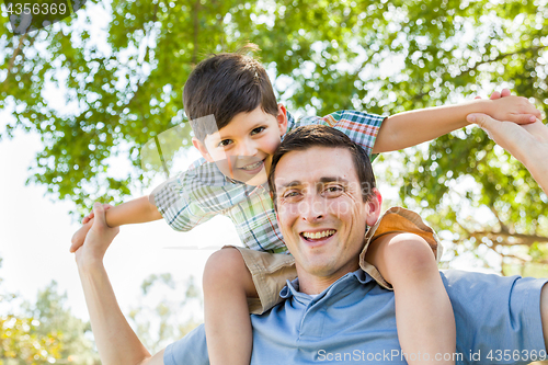 Image of Mixed Race Father and Son Playing Piggyback Together in the Park