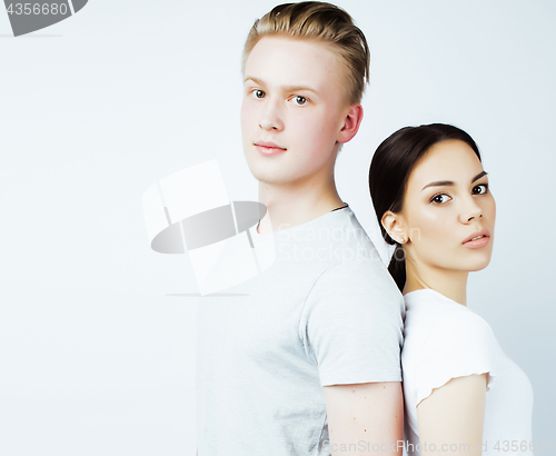 Image of best friends teenage girl and boy together having fun, posing emotional on white background, couple happy smiling, lifestyle people concept, blond and brunette multi nations 