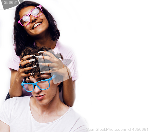 Image of best friends teenage girl and boy together having fun, posing emotional on white background, couple happy smiling, lifestyle people concept, blond and brunette multi nations 