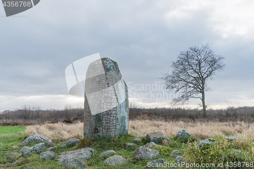 Image of Ancient runestone in a rural landscape