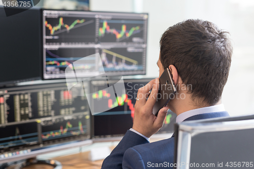 Image of Over the shoulder view of computer screens and stock broker trading online.