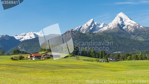 Image of Traditional Alpine spring panoramic landscape in Berchtesgaden w