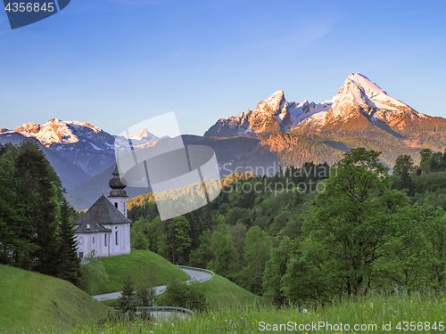 Image of Spring serene scenery with Watzmann mount and Maria Gern church