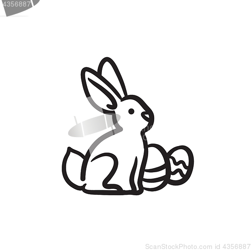 Image of Easter bunny with eggs sketch icon.