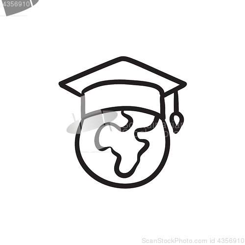 Image of Globe in graduation cap sketch icon.