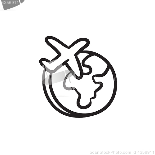 Image of Airplane flying around the world sketch icon.