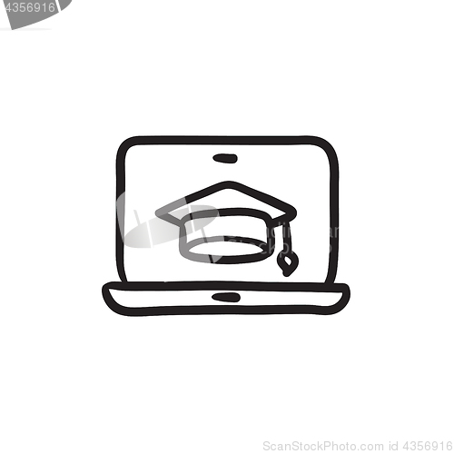 Image of Laptop with graduation cap on screen sketch icon.