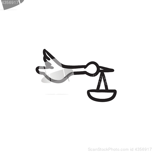 Image of Baby basket with stork sketch icon.