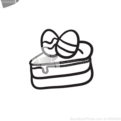 Image of Easter cake with eggs sketch icon.