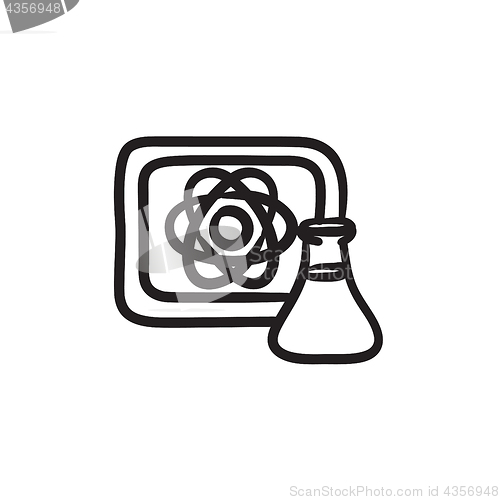 Image of Atom sign drawn on board and flask sketch icon.