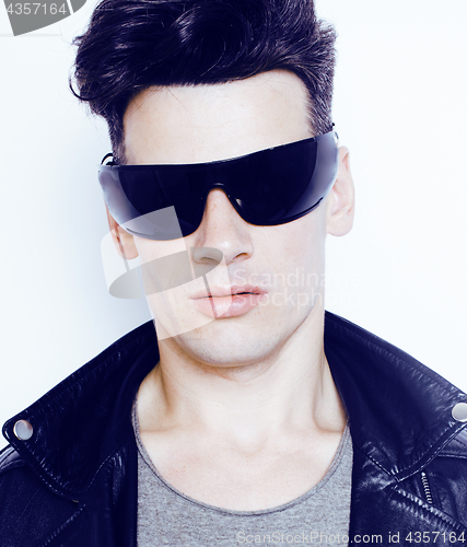 Image of young handsome modern man in sunglasses like robot, lifestyle fashion style people concept 