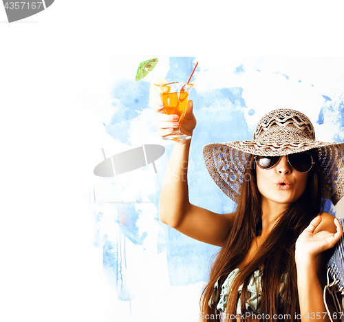 Image of cute bright woman in sunglasses and hat with cocktail in bikini studio