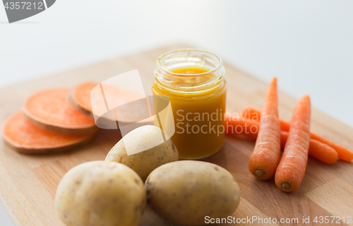 Image of vegetable puree or baby food in glass jar