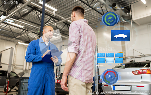 Image of auto mechanic with clipboard and man at car shop