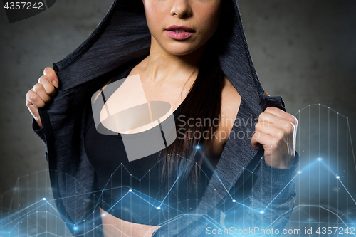 Image of close up of woman posing and showing sportswear