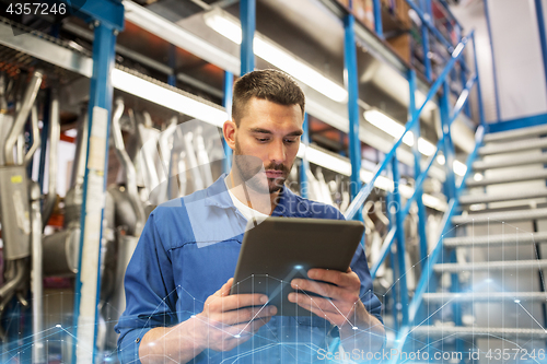 Image of auto mechanic or smith with tablet pc at workshop