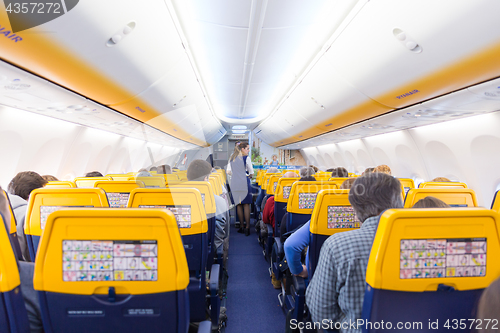 Image of Stewardess serving passangers on Ryanair airplane flight on 14th of December, 2017 on a flight from Trieste to Valencia.