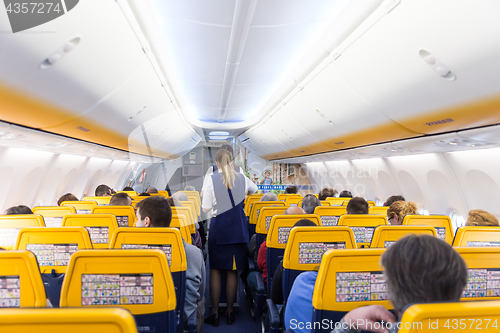 Image of Stewardess serving passangers on Ryanair airplane flight on 14th of December, 2017 on a flight from Trieste to Valencia.