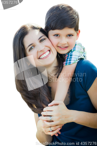 Image of Young Mixed Race Mother and Son Hug Isolated on a White Backgrou