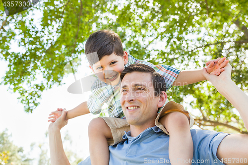 Image of Mixed Race Father and Son Playing Piggyback Together in the Park