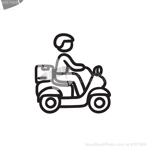 Image of Man carrying goods on bike sketch icon.